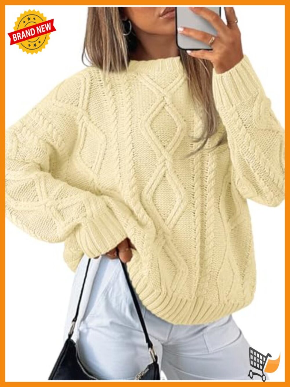 Oversized Cable Knit Sweater Cotton Blend Crew Neck Pullover